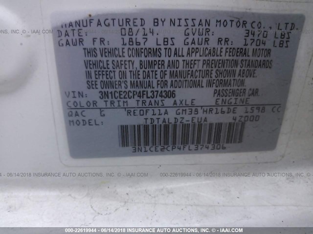 3N1CE2CP4FL374306 - 2015 NISSAN VERSA NOTE S/S PLUS/SV/SL/SR WHITE photo 9