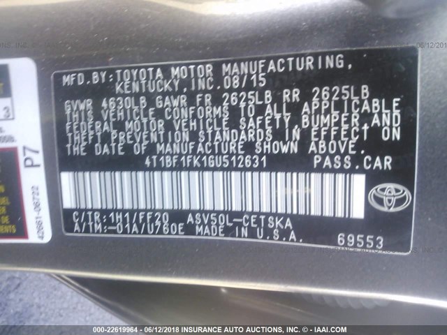 4T1BF1FK1GU512631 - 2016 TOYOTA CAMRY LE/XLE/SE/XSE GRAY photo 9