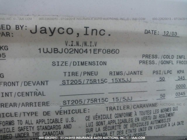 1UJBJ02N041EF0860 - 2004 JAYCO JAYFLI27BH  WHITE photo 9