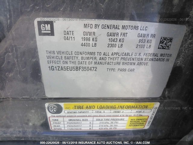 1G1ZA5EU5BF350472 - 2011 CHEVROLET MALIBU LS GRAY photo 9