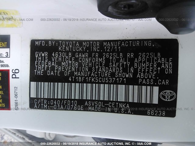 4T1BF1FK5CU537171 - 2012 TOYOTA CAMRY SE/LE/XLE WHITE photo 9