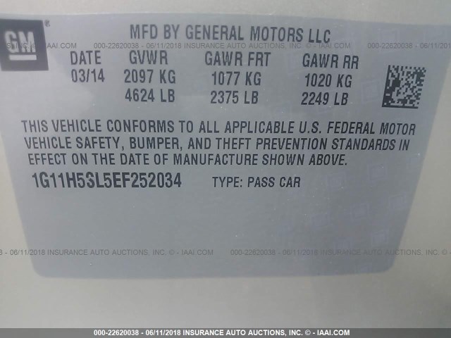 1G11H5SL5EF252034 - 2014 CHEVROLET MALIBU LTZ 米色 照片 9