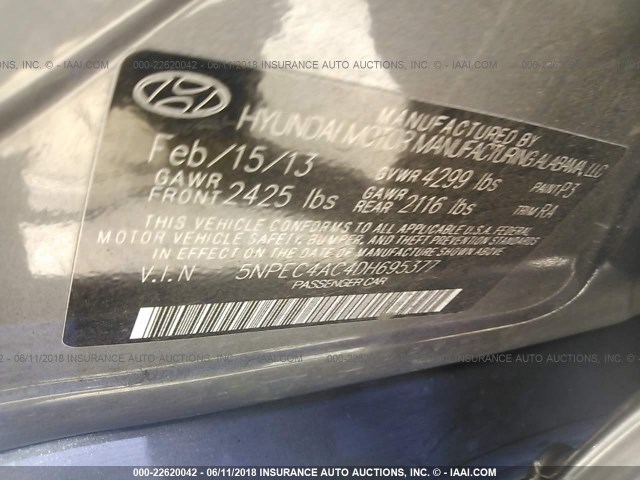 5NPEC4AC4DH695377 - 2013 HYUNDAI SONATA SE/LIMITED GRAY photo 9