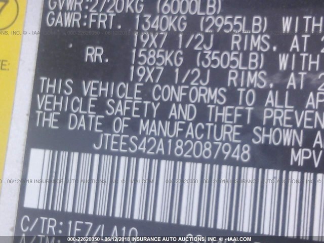 JTEES42A182087948 - 2008 TOYOTA HIGHLANDER LIMITED SILVER photo 9