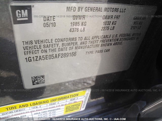 1G1ZA5E05AF289166 - 2010 CHEVROLET MALIBU LS GRAY photo 9