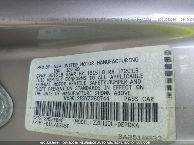 1NXBR12E8YZ360744 - 2000 TOYOTA COROLLA VE/CE/LE 银色 照片 9