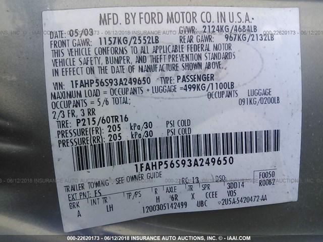 1FAHP56S93A249650 - 2003 FORD TAURUS SEL GREEN photo 9