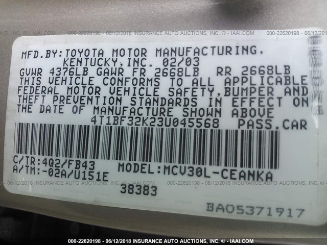 4T1BF32K23U045568 - 2003 TOYOTA CAMRY LE/XLE/SE BEIGE photo 9