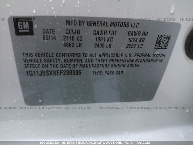 1G11J5SX8EF238006 - 2014 CHEVROLET MALIBU LTZ 白色 照片 9