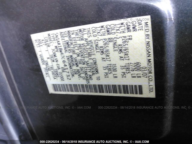 5N1AR18W47C641732 - 2007 NISSAN PATHFINDER LE/SE/XE GRAY photo 9