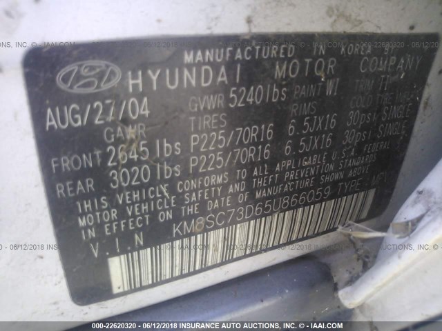 KM8SC73D65U866059 - 2005 HYUNDAI SANTA FE GLS/LX WHITE photo 9