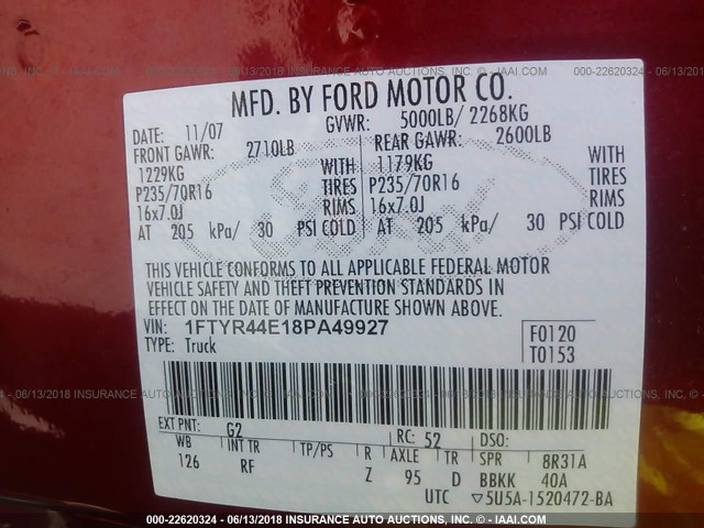 1FTYR44E18PA49927 - 2008 FORD RANGER SUPER CAB RED photo 9