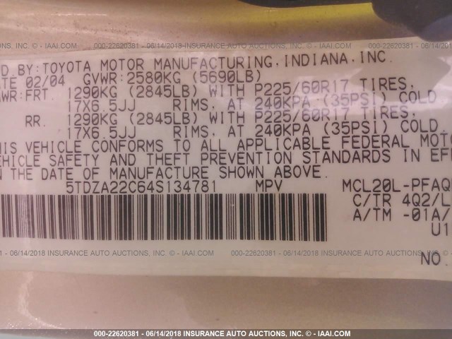 5TDZA22C64S134781 - 2004 TOYOTA SIENNA XLE/XLE LIMITED GOLD photo 9