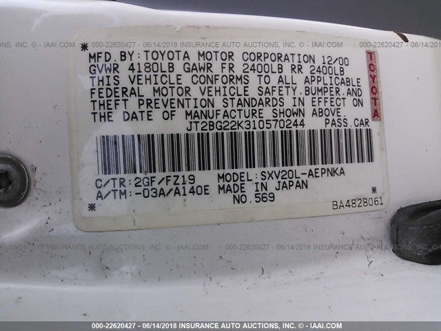 JT2BG22K310570244 - 2001 TOYOTA CAMRY CE/LE/XLE WHITE photo 9