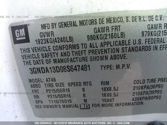 3GNDA13D08S647481 - 2008 CHEVROLET HHR LS WHITE photo 9