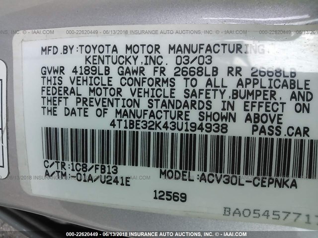 4T1BE32K43U194938 - 2003 TOYOTA CAMRY LE/XLE/SE 银色 照片 9