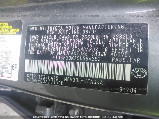 4T1BF30K75U594253 - 2005 TOYOTA CAMRY LE/XLE/SE ნაცრისფერი ფოტო 9