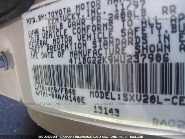 4T1BG22K9WU237906 - 1998 TOYOTA CAMRY CE/LE/XLE 棕色 照片 9