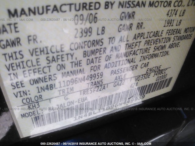 1N4BL11D96N449959 - 2006 NISSAN ALTIMA SE/SL/SE-R BLACK photo 9