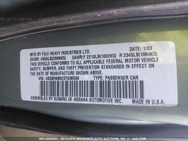 4S3BH686237636556 - 2003 SUBARU LEGACY OUTBACK LIMITED GREEN photo 9