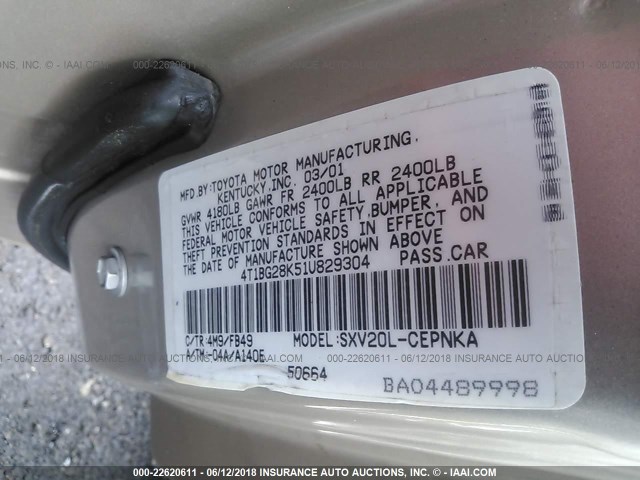 4T1BG28K51U829304 - 2001 TOYOTA CAMRY CE/LE/XLE GOLD photo 9