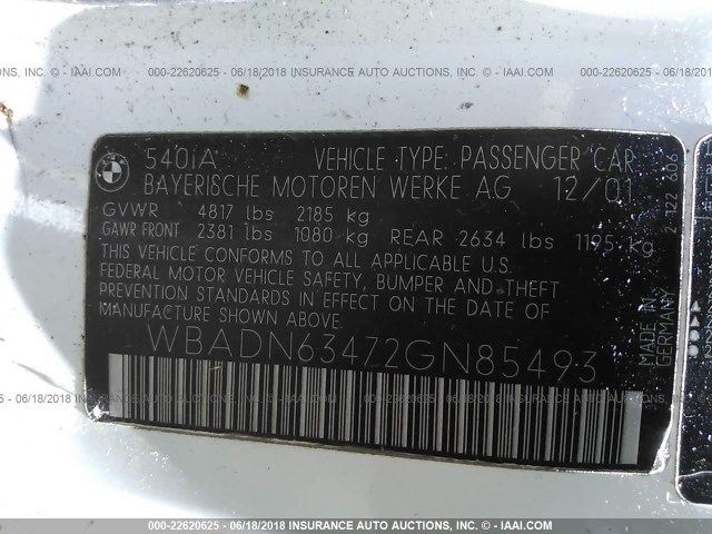 WBADN63472GN85493 - 2002 BMW 540 I AUTOMATIC WHITE photo 9