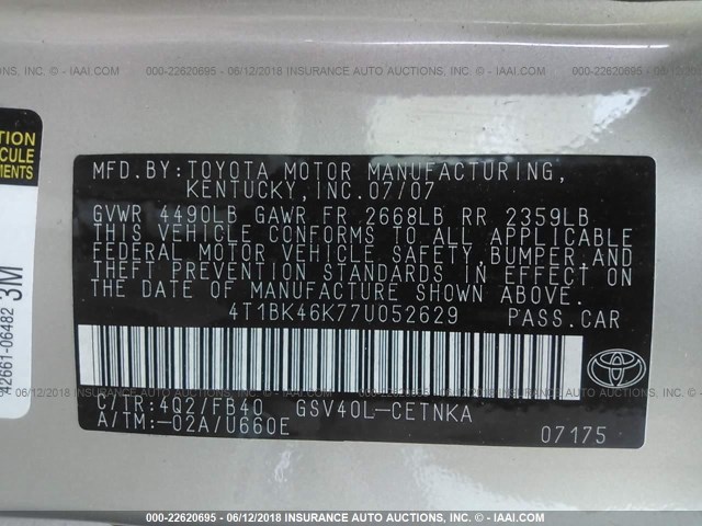 4T1BK46K77U052629 - 2007 TOYOTA CAMRY NEW GENERAT LE/XLE/SE GOLD photo 9