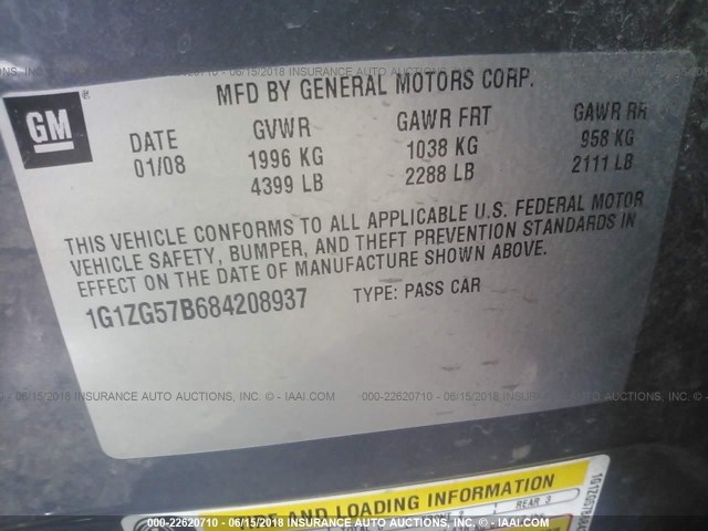 1G1ZG57B684208937 - 2008 CHEVROLET MALIBU LS GRAY photo 9