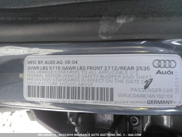 WAUCD64B74N102109 - 2004 AUDI A6 S-LINE QUATTRO GRAY photo 9