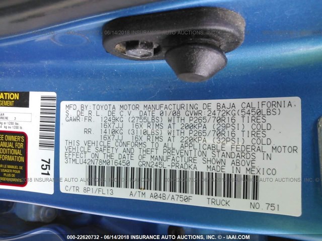 3TMLU42N78M016450 - 2008 TOYOTA TACOMA DOUBLE CAB ლურჯი ფოტო 9