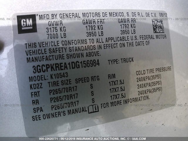 3GCPKREA1DG156984 - 2013 CHEVROLET SILVERADO K1500 LS SILVER photo 9