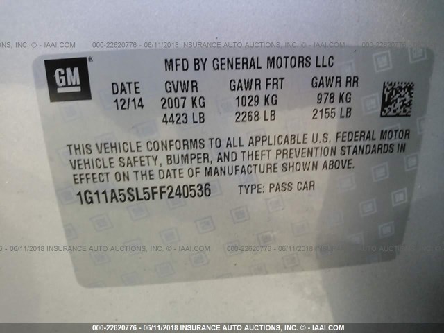 1G11A5SL5FF240536 - 2015 CHEVROLET MALIBU LS 银色 照片 9