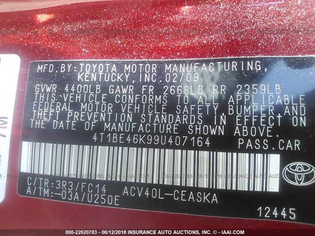 4T1BE46K99U407164 - 2009 TOYOTA CAMRY SE/LE/XLE RED photo 9