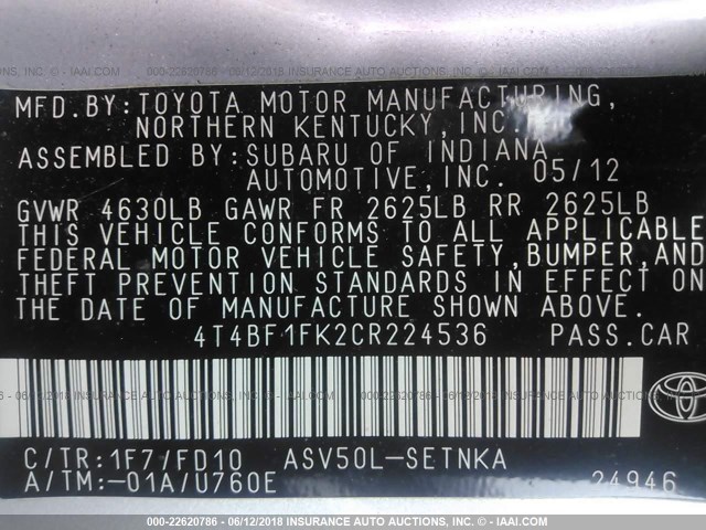 4T4BF1FK2CR224536 - 2012 TOYOTA CAMRY SE/LE/XLE ვერცხლისფერი ფოტო 9
