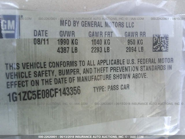 1G1ZC5E08CF143356 - 2012 CHEVROLET MALIBU 1LT 棕色 照片 9