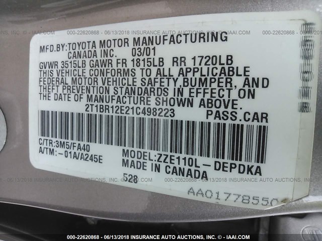 2T1BR12E21C498223 - 2001 TOYOTA COROLLA CE/LE/S BEIGE photo 9