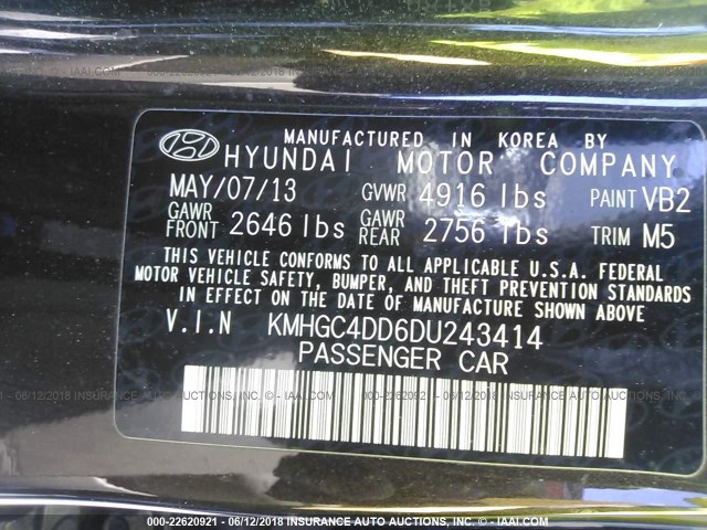 KMHGC4DD6DU243414 - 2013 HYUNDAI GENESIS 3.8L BLACK photo 9