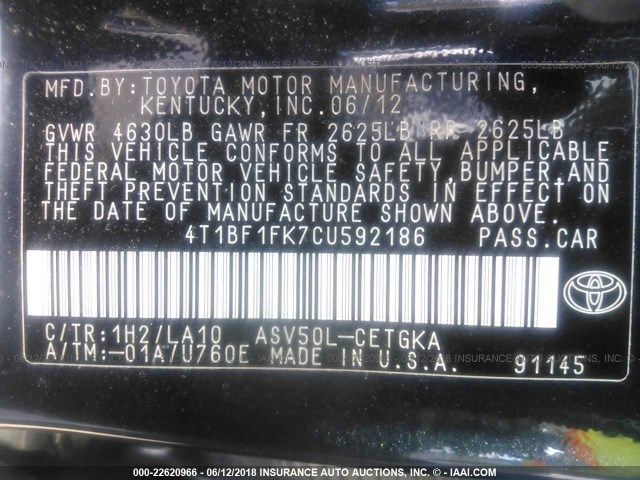 4T1BF1FK7CU592186 - 2012 TOYOTA CAMRY SE/LE/XLE 黑色 照片 9