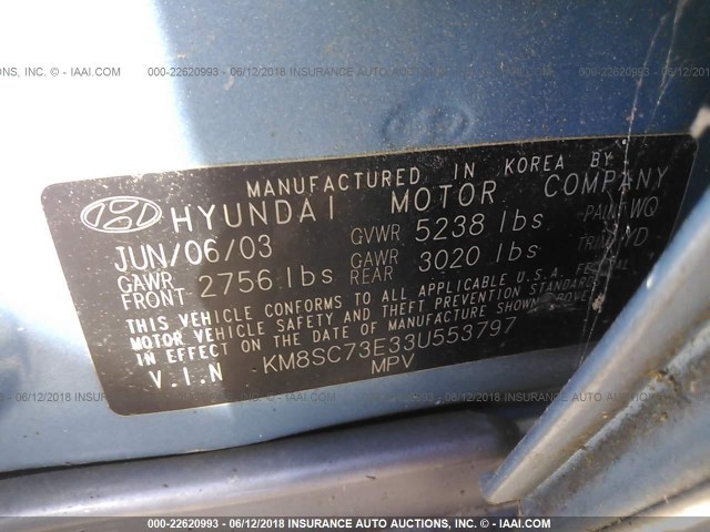 KM8SC73E33U553797 - 2003 HYUNDAI SANTA FE GLS/LX BLUE photo 9