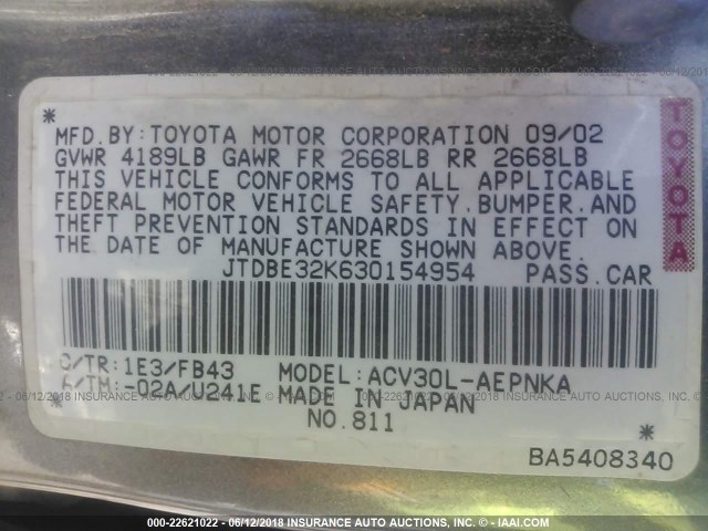 JTDBE32K630154954 - 2003 TOYOTA CAMRY LE/XLE GOLD photo 9