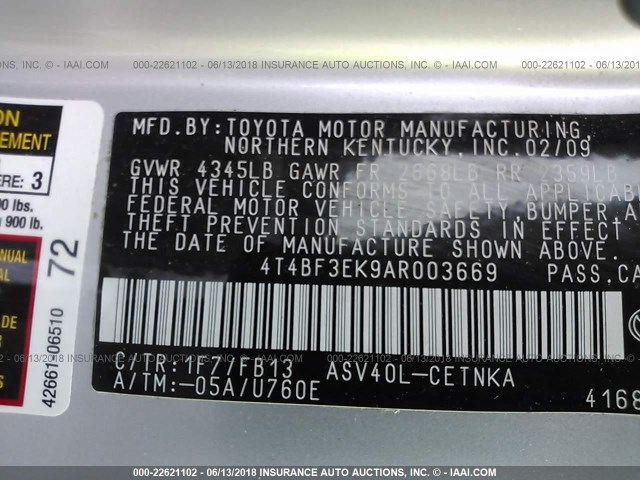 4T4BF3EK9AR003669 - 2010 TOYOTA CAMRY SE/LE/XLE ვერცხლისფერი ფოტო 9
