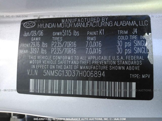 5NMSG13D37H006894 - 2007 HYUNDAI SANTA FE GLS SILVER photo 9