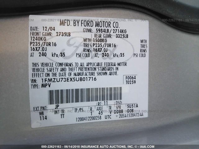 1FMZU73EX5UB01716 - 2005 FORD EXPLORER XLT/XLT SPORT/NBX 银色 照片 9