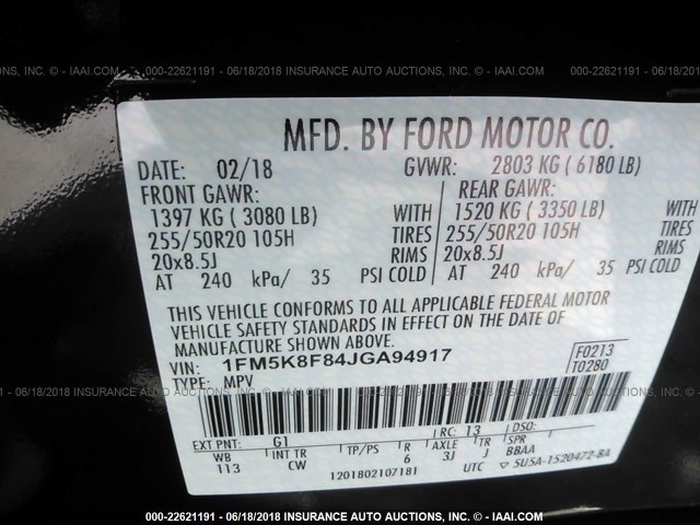 1FM5K8F84JGA94917 - 2018 FORD EXPLORER LIMITED 黑色 照片 9