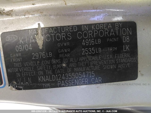 KNALD124355054715 - 2005 KIA AMANTI GOLD photo 9