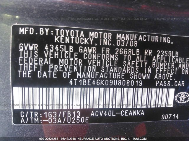 4T1BE46K09U808019 - 2009 TOYOTA CAMRY SE/LE/XLE 灰色 照片 9
