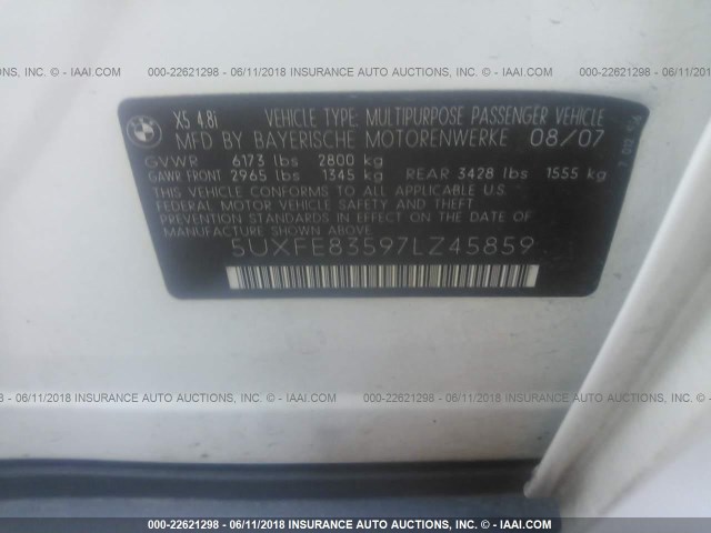 5UXFE83597LZ45859 - 2007 BMW X5 4.8I WHITE photo 9