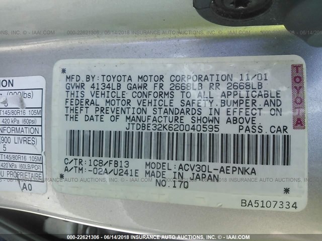 JTDBE32K620040595 - 2002 TOYOTA CAMRY LE/XLE/SE Gümüş foto 9