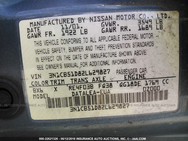 3N1CB51D82L629827 - 2002 NISSAN SENTRA XE/GXE BLUE photo 9