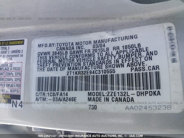 2T1KR32E94C310555 - 2004 TOYOTA COROLLA MATRIX XR SILVER photo 9